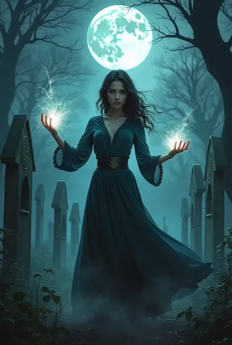 Girl with a beautiful body, who manipulates magic in a cemetery