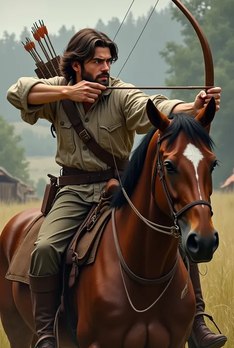 A man with a strong jaw and chin length wavy brown hair sitting on a brown horse lowering a drawn hunters bow that has an arrow with a soft gaze