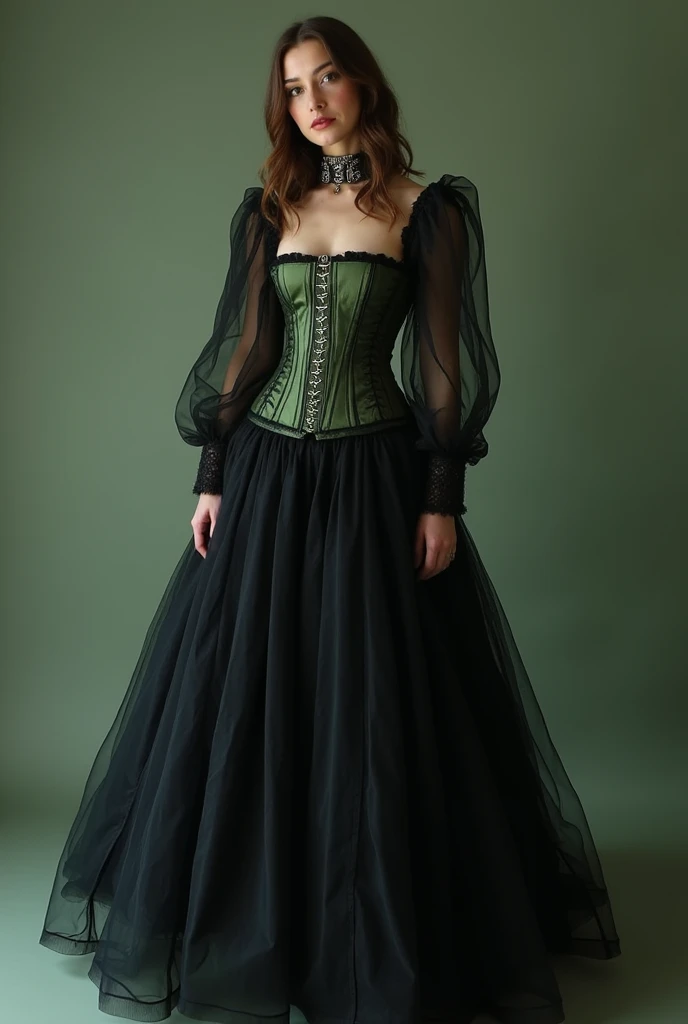 Moss green corset with garbardine fabric, square neckline, puffy tulle sleeves,Gode black organza skirt medium size 