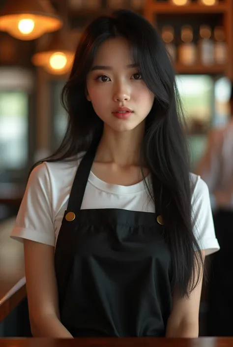 {Photorealistic, Highest Quality, Highest Resolution} A girl behind a bar counter, wearing a black apron with a white shirt underneath, long straight black hair, Caucasian ethnicity, brown eyes, eighteen years old, big natural breasts, closeup portrait, st...