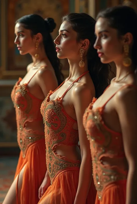 Three beautiful Russian women in typical, sensual costumes positioned in full body ready to start a synchronized dance.