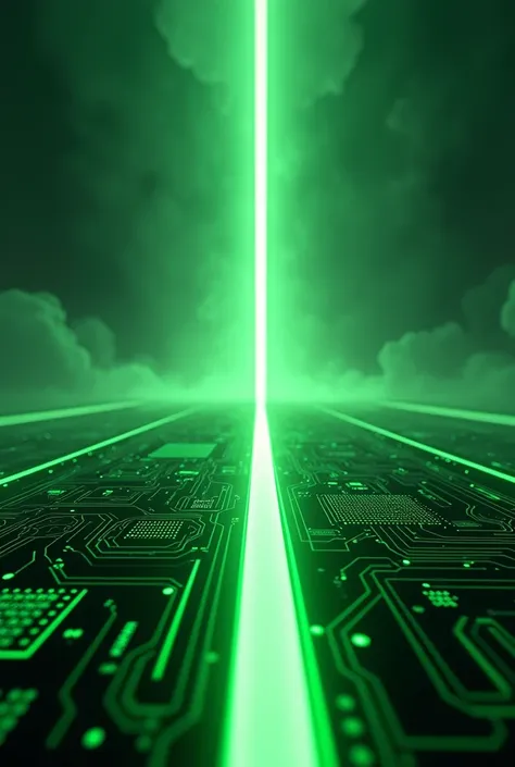 Make an image with a bright green line in the center , Up and down I bring green circuit boards with perspective towards the light 
