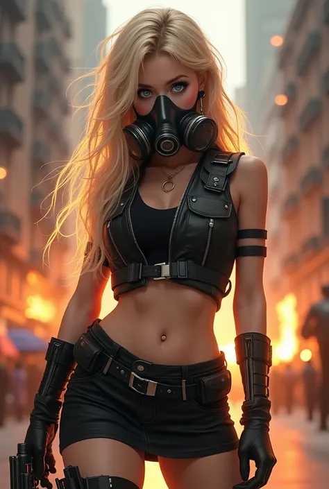 score_9, score_8_up, score_7_up, (1 girl), full body, hourglass body, thin waist, (thick thighs: 1.3), wide hips, surreal beauty, beautiful and cute face, attractive, blue eyes, smile, long hair blonde, messy hair, malistic vest, gas mask, black micro skir...