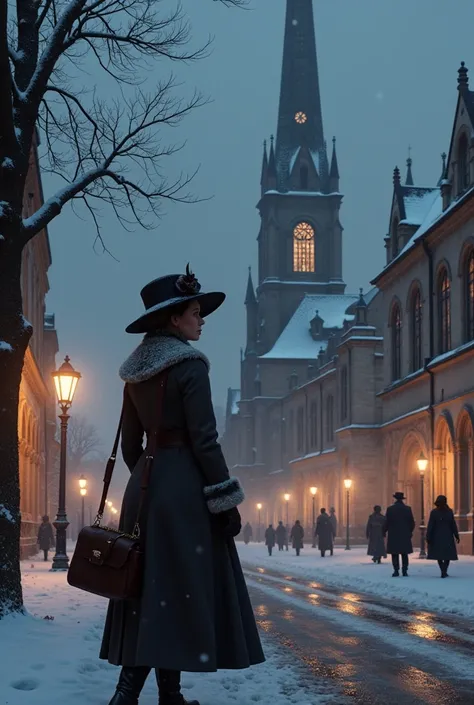 A snowy 19th-century European town square at night, with the majestic silhouette of a grand church as the centerpiece. The ground is blanketed with freshly fallen snow, reflecting the soft glow of gas lamps and the light from the churchs stained-glass wind...