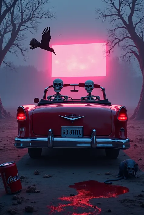  drive-in movie horror movie ,  dry trees branches , fog,  Moon Violet backlight ,   Chevrolet Bel Air red convertible and inside couple skeletons,  dirty and worn floor ,  can of Coca-Cola lying on the floor and a box of popcorn thrown,  license plate wit...