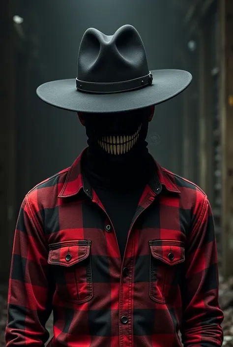 I want a character with a red plaid shirt, a black hat and a mask with a white mouth from the chest up.