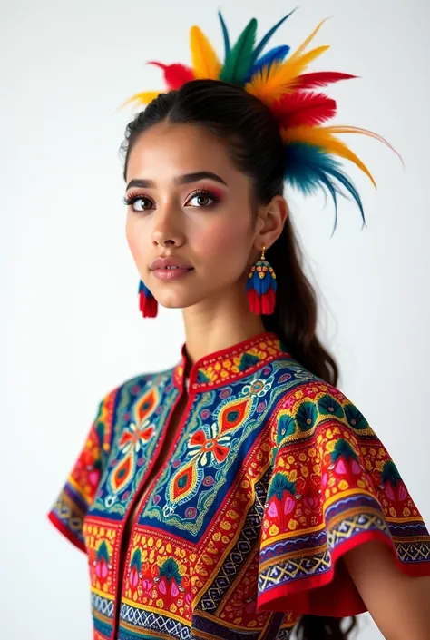 A professional, hyper-realistic studio photograph of a young Latin American woman with distinctive and elegant Latin facial features. She is wearing a traditional folkloric dress inspired by the vibrant styles of Brazil, Colombia, and Ecuador. The dress is...