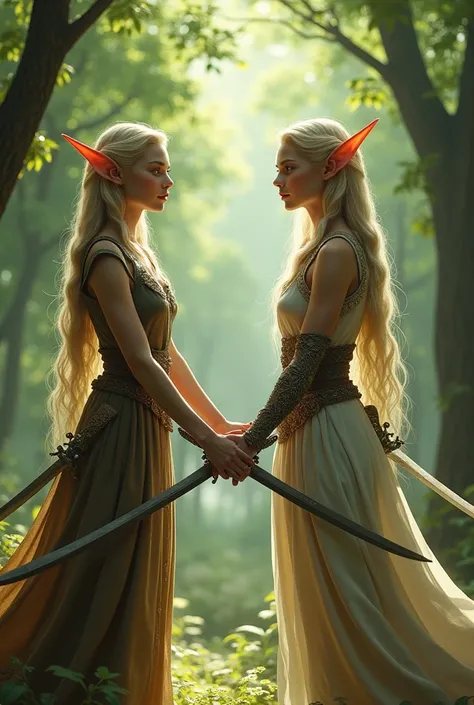 Couple of elves holding hands each with a sword