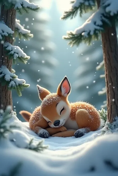 (photorealism:1.2), cute deer sleeping in the winter forest. 