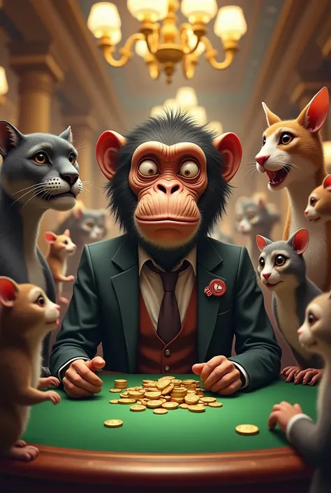 The monkey at a casino losing all its money surrounded by various animals, animated and realistic 