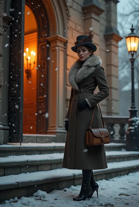 "A snowy 19th-century European evening scene, showing an elegant woman stepping out of a grand, illuminated church. The church’s tall, intricately carved wooden doors are open behind her, revealing the warm glow of candlelight from within. She carries a le...