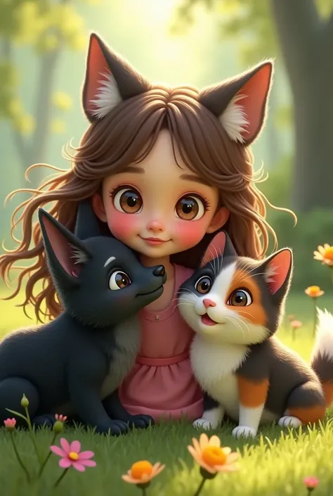 Caucasian girl with brown hair and brown eyes ,  with a black fox dog and a tricolor cat