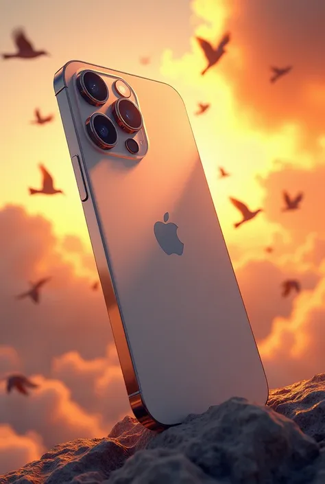  iphone 13 pro max, with a background of birds and a golden sky, and in 4k quality