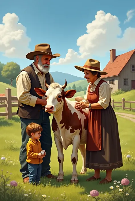 Grandfather in a hat holds a cow and grandmother with a hat milking the cow with a  who drinks freshly milked milk