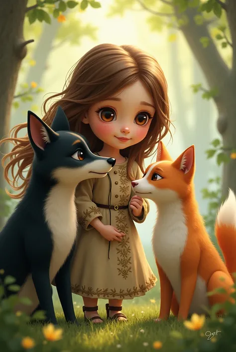 Girl with brown hair and brown eyes,  with a black fox dog and a tricolor cat