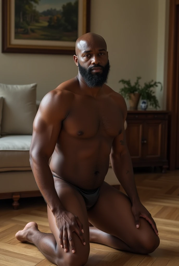 45 year old light skin sexy gay black man bald head chin strap beard thick muscular slightly overweight large buttocks fully nude naked bare legs bare feet aroused seductive luxury living room no pants kneeling on floor no pants no shirt no clothes