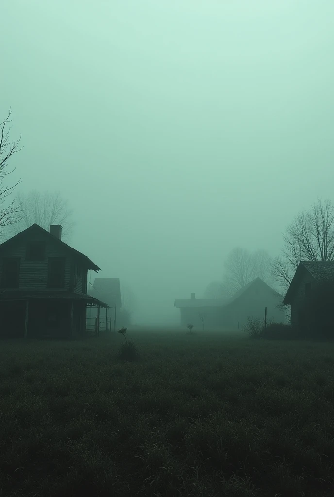 Foggy rural field, destroyed buildings
