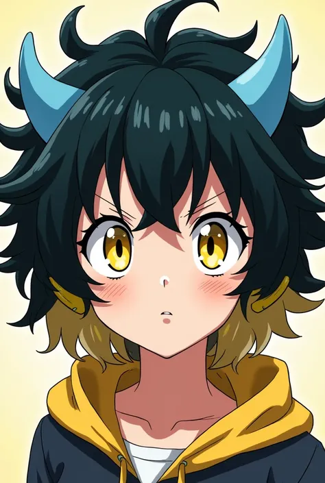 Picture of Boku no hero academy girl black and yellow frizzy hair, light yellow eyes with little blue horns  