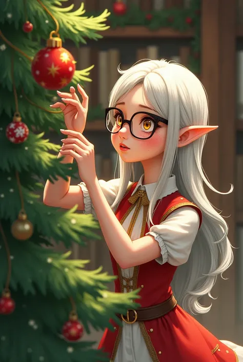  white-haired and golden-eyed woman ,  elf ears,freckles and black glasses  , white and red Christmas outfit  ,  trying to hang a Christmas ball on a Christmas tree,Anime Studio Ghibli  