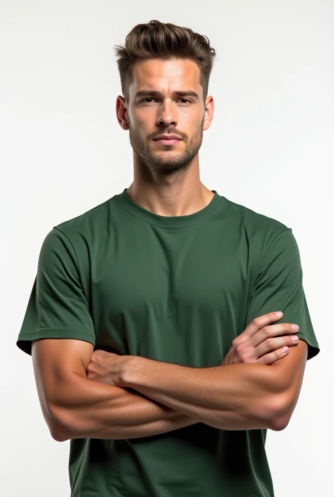 
An ultra-realistic image of a man standing with his arms crossed. He is wearing a simple green shirt and has a natural hairstyle, with his hair neatly styled and his expression calm and composed. His eyes are visible, conveying a confident and relaxed dem...