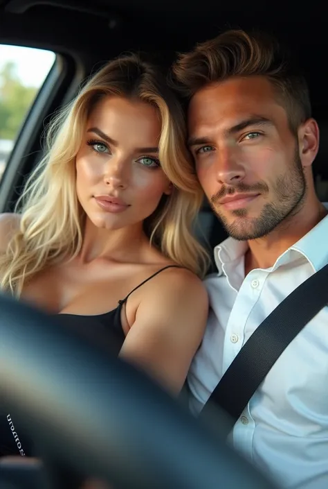   Blonde woman  , Blue eyes, delgado,  curvy and big  ,  perfect breasts  ,  vestida con ropa casual,  taking a Selfie in the passenger seat of a lamborgini urus.  next to a medium-haired man , blue eyes and athletic body . El selfie lo toma la mujer. Coch...