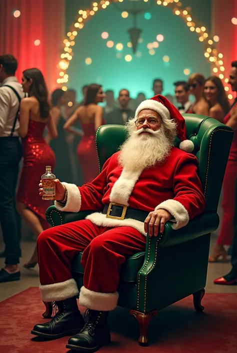 A Christmas club party for poster with a drunk Santa Claus in an armchair and red and green lights and people dressed in glam dresses 