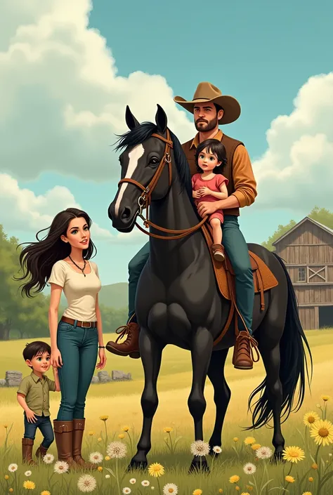  Masterpiece illustration drawing of a strong and masculine handsome man similar to Quentin Emery wearing a cap taking his two-year-old daughter to ride a black horse . A beautiful woman similar to Ersa Bilgic wearing casual clothes with dark hair and gree...