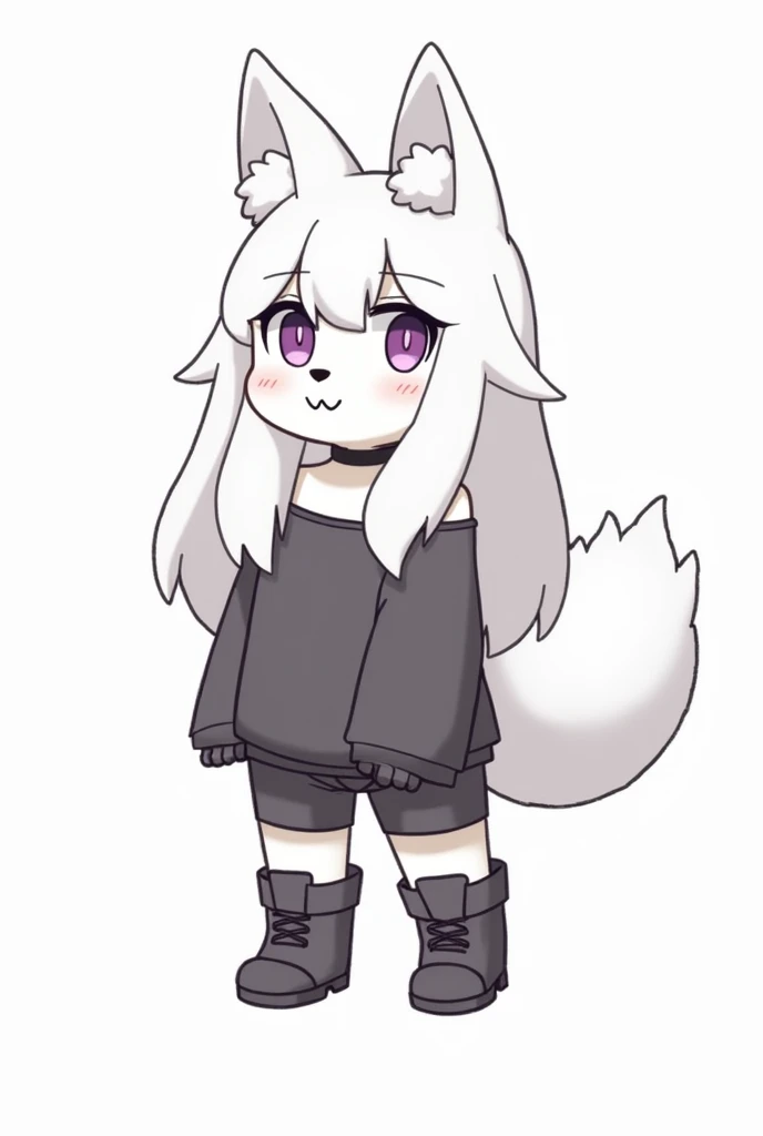 from hyattlen, by fumiko,  with a hook caplepad :1.2), One,  One girl,  Cute white anthropomorphic wolf girl,  woman , white wool,  white fluffy body , black nose, (cute face:1.1),  fluffy white tail ,  long white hair ,  simple hard purple eyes ,  Main de...