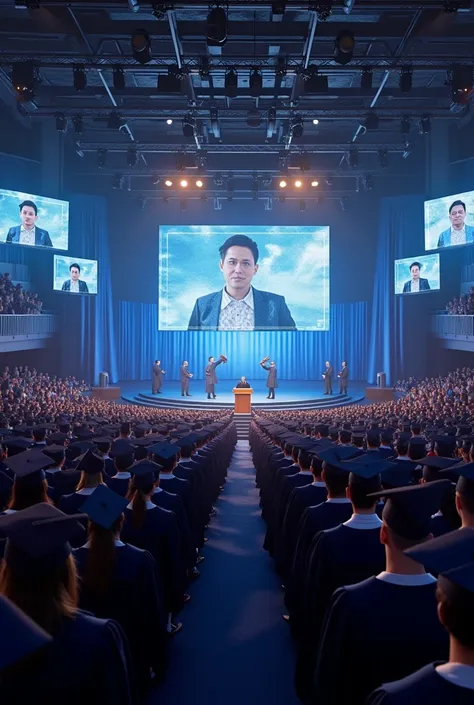 a graduation ceremony with in-person and virtual graduating students,  in the United States with virtual elements please, Like real  