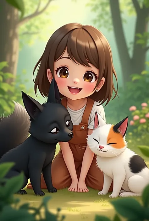 Girl with brown hair and brown eyes, Together with a long-haired black fox breed dog and a white cat, black and orange 