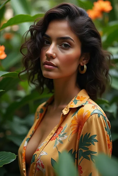  A Brazilian woman in a lush tropical garden,  wearing an open shirt with floral print ,  with a close up capturing the harmonious beauty between her breasts and natural flowers,  showing your natural charm and outgoing personality.