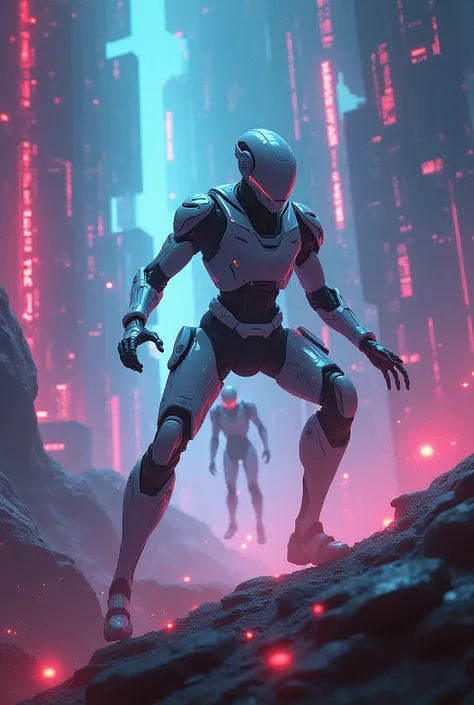 Create illustration image of, A futuristic illustration of a virtual reality uprising, with AI-powered rebels battling against their human creators in a virtual world.