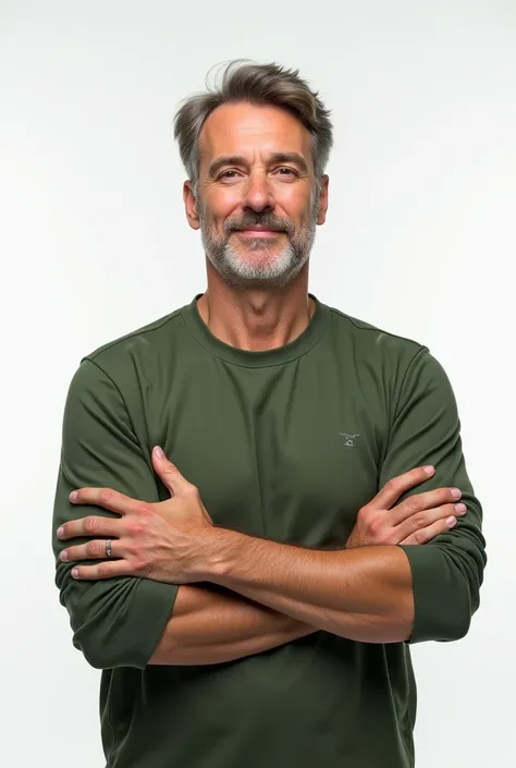 An ultra-realistic image of a man wearing a green shirt, standing with his arms crossed. His hair is styled in a natural, everyday manner, and his eyes are visible, conveying a calm and confident expression. His hands are clearly visible with all five fing...