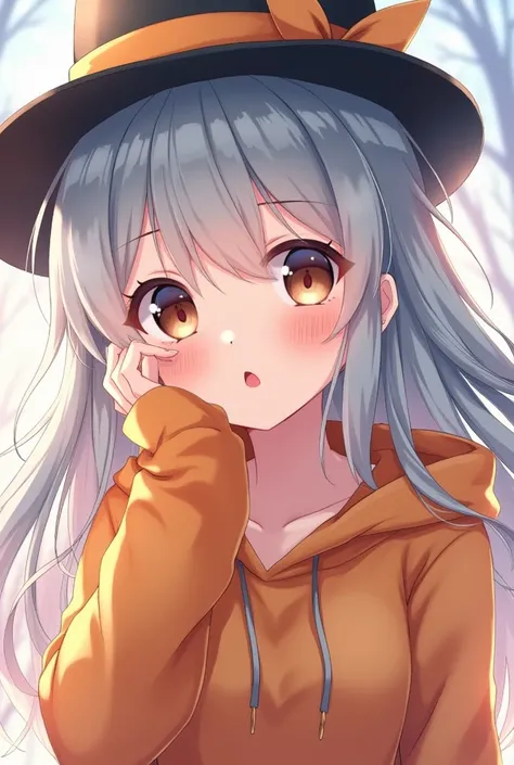 Anime girl with long silver hair, an orange hoodie, and light brown eyes, and a top hat 