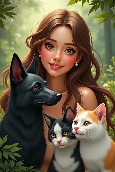 Big girl with brown hair and brown eyes, Together with a long-haired black fox breed dog and a white cat, black and orange 