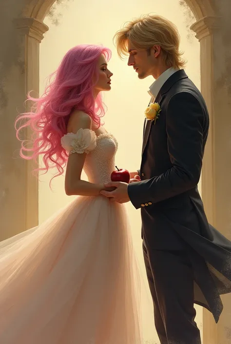 Woman with long pink hair wearing a ball gown on her tiptoes slightly hugging a tall man that has golden blonde hair that stops above his ears but is shaggy. The man is not touching her. He is holding an apple.