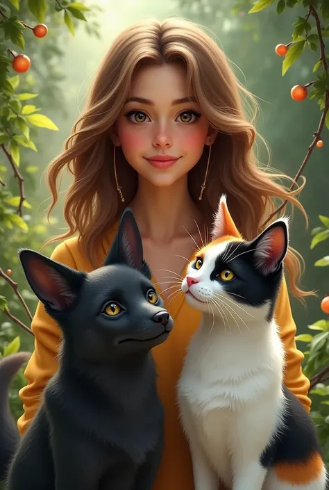 Big girl with brown hair and brown eyes, Together with a long-haired black fox breed dog and a white cat, black and orange 