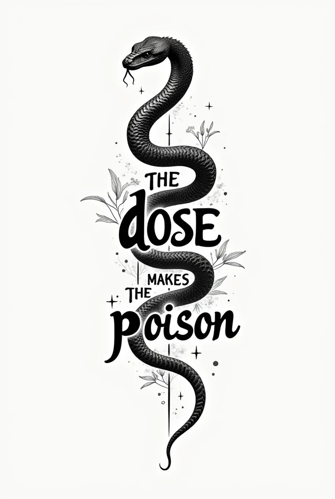 A tattoo design on white background with the quote " the dose makes the poison". For the upper spine. Incorporate a snake