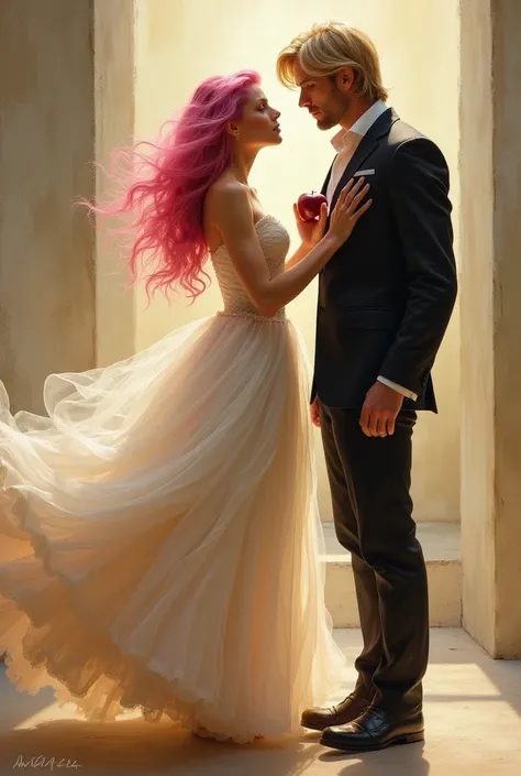 Woman with long pink hair wearing a ball gown on her tiptoes slightly hugging a tall man that has golden blonde hair that stops above his ears but is shaggy. The man is not touching her. He is holding an apple.