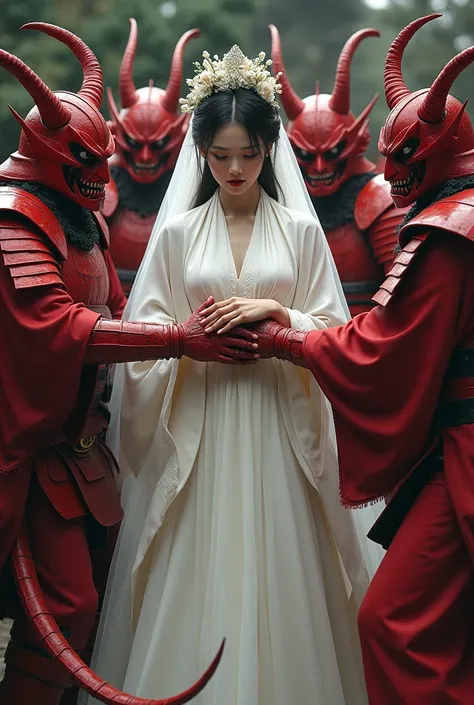 a Japanese bride wearing a white "Uchikake" and veil is napped by a group of red devils wearing armor. The demons grabbed the brides body and hands to take her away with a little chain and slightly slashed their swords to the brides neck to threaten her an...