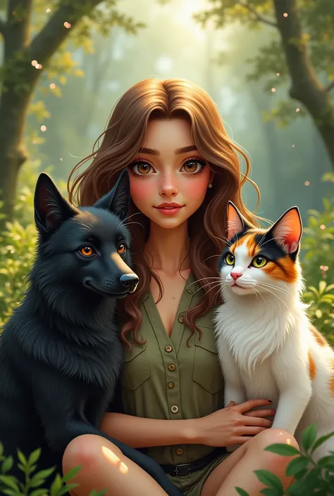 Big girl with brown hair and brown eyes, Together with a long-haired black fox breed dog and a white cat, black and orange 