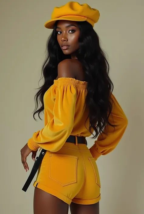  20-year-old model , brown skin and ,  long black hair and radiant green eyes ,  a beautiful thin sleeved yellow velvet blouse with beautiful yellow velvet shorts with a black belt a yellow beret and a long black boot,hyper-realistic