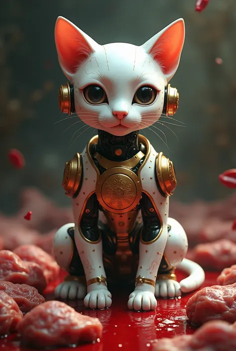 The cat has become a mandarin robot and there is intestinal blood around the meat