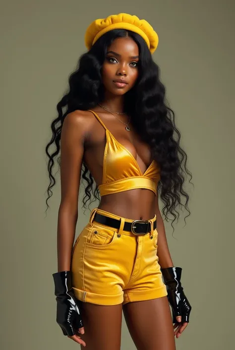  20-year-old model , brown skin and ,  long black hair and radiant green eyes , a beautiful thin yellow velvet top with beautiful yellow velvet shorts with a black belt, a yellow beret and a black long boot,hyper-realistic