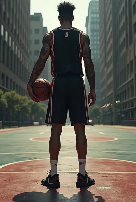 A basketball player named Endyl with his back with a ball on a street court alone without an audience 