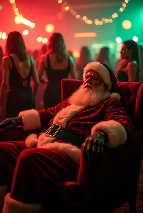 A Christmas club party for a party poster with a drunk Santa Claus dressed in leopard print costume chill in a dark red armchair and red and green lights and too much people blurred dressed in glam black dresses and men in black 