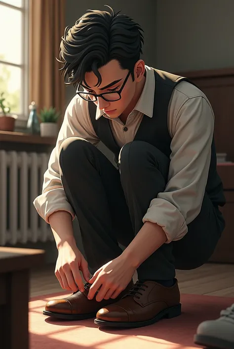 But separately shoes and ren putting shoe polish on the shoe