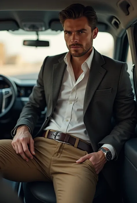 A handsome man has a sock stuffed in the back seat of his cargo pants