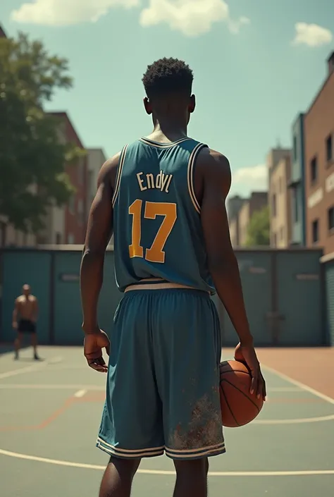 A basketball player named Endyl on his back with a ball on a street court is the only one without an audience to see his name on the ENDYL L shirt. And let the number on the back of the shirt be 17