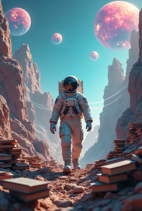 An astronaut exploring a planet full of books and movies.